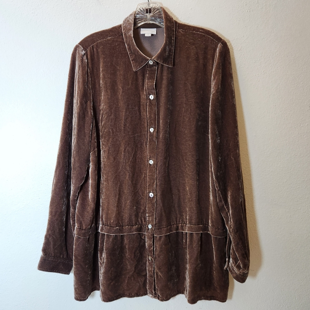 J.Jill Velvet Silk Blend Button Down Long Sleeve Peplum Hem Tunic Shirt Medium